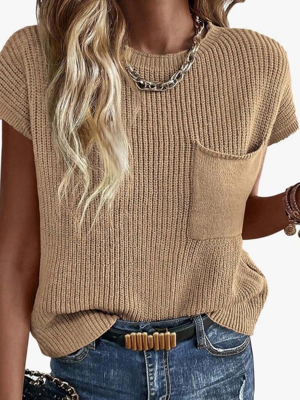 Women’s Short Sleeve Knit Tank Top with Pocket - Tan